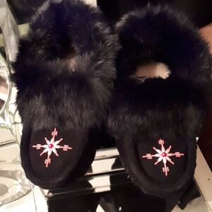 Black Suede Genuine Fur Slippers with Hot Pink Embroidery